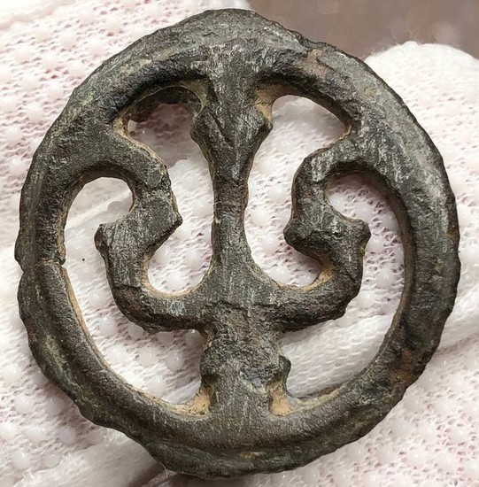 Ancient Roman Bronze Brooch Fibula shaped as the upper part ofTrident-the most important attribute of the Sea God-Neptune
