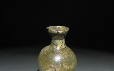 Ancient Roman Glass Intact Flask - Lacrimal. 3,8 cm H. Exceptional blue-green and silver iridescence