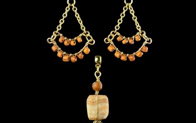 Ancient Roman Pendant and Earrings with Roman glass and stone beads