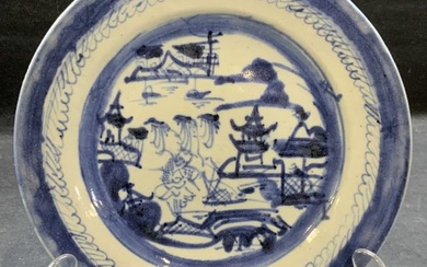 Antique Blue & White Canton Porcelain Plate