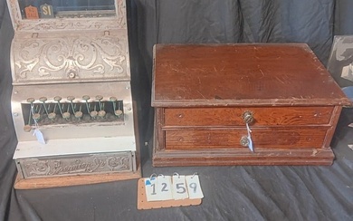 Antique Cash Register and Two Drawer Spool Cabinet
