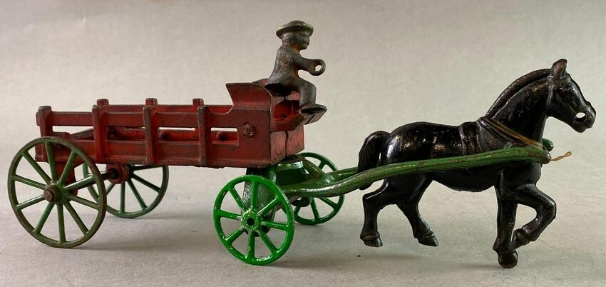 Antique Cast Iron Horse Drawn Wagon Repainted
