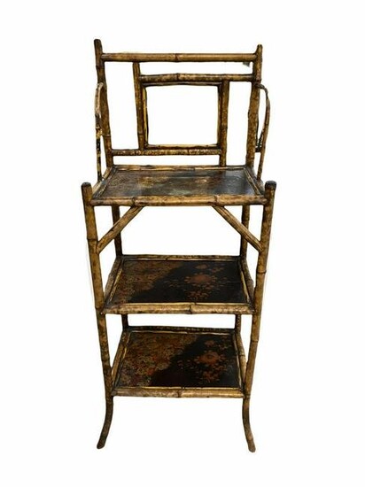 Antique European Burnt Bamboo and Lacquer Etagere Shelf