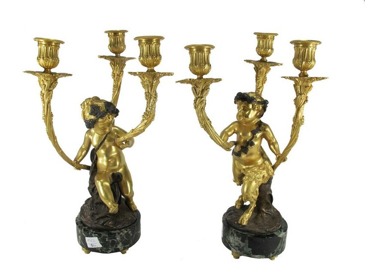Antique French pair of gilt bronze & marble