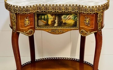 Antique Kidney Table with Landscape - Louis XVI Style - Brass, Marble, Wood - Late 19th / early 20th century