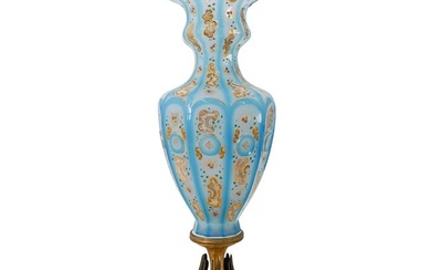 Antique Opaline Glass Vase W/ Bronze Swan Base