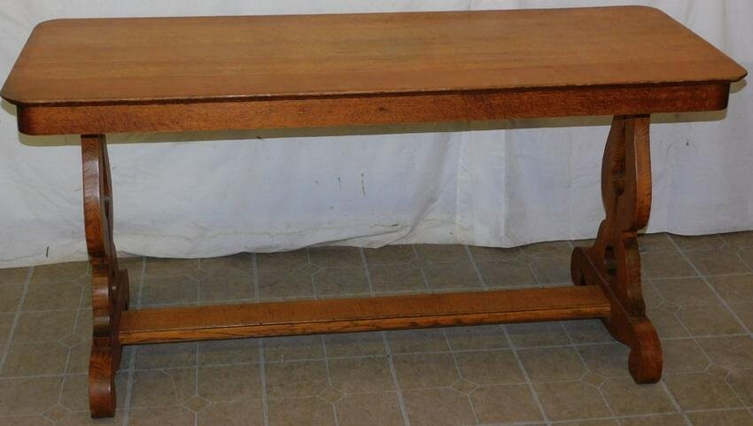 Antique Tiger Oak Stretcher Base Table