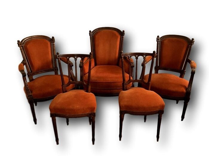 Armchair, Chair (5) - Louis XIV Style - Velvet, Walnut - Second half 19th century