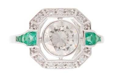 Art Deco-Style White Gold, Diamond, Emerald Ring