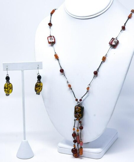 Artisan Glass Bead & Wirework Necklace & Earrings