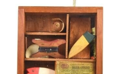 Artisan Shadow Box Lamp w Antique Fishing Gear