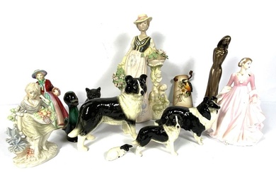 Assortment of figurines including Beswick style Sheepdogs, a ceramic cat and other figurines (a