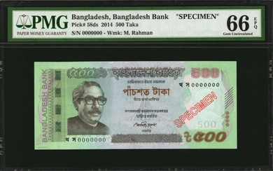 BANGLADESH. Lot of (2). Bangladesh Bank. 500 & 1000 Taka, 2014. P-58ds & 59ds. Specimen. PMG Gem Uncirculated 66 EPQ & Superb Gem Unc 67...