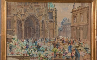 BIRCK Alphonse. (1859-1942). « Marché aux fleurs devant la cathédrale de Metz ». Aquarelle signée....