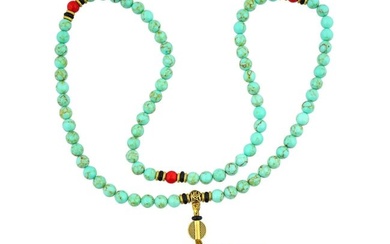 BUDDHIST ROSARY TURQUOISE AND CORAL BEAD NECKLACE