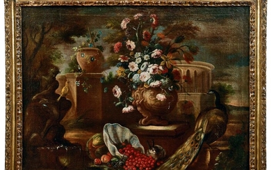 Bimbi, Bartolomeo - Kreis des: Großes Stillleben mit Pfau und Blumenbouquet