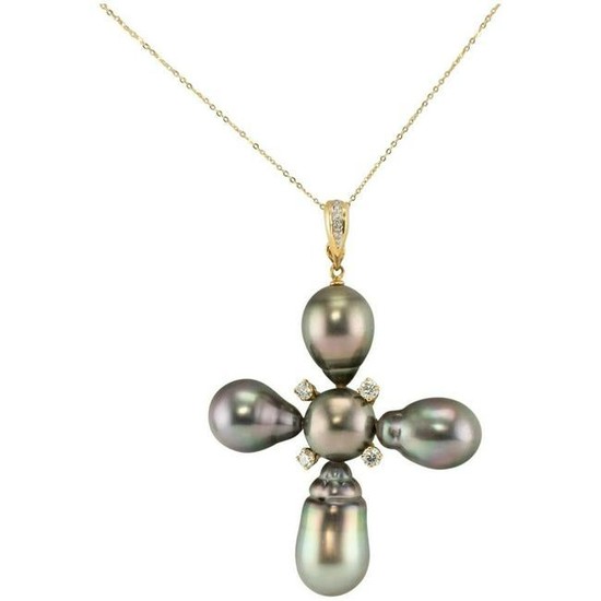 Black Baroque Pearl Diamond Cross Pendant Necklace 18K
