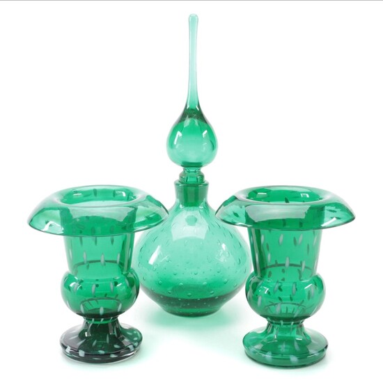 Blenko Green Art Glass Decanter with Czech Art Glass Vases