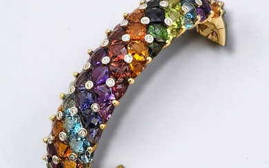 Bracelet 18k Gold Diamond Blue Topaz Iolite Amethyst Garnet Citrine Peridot Rainbow Hinged Bangle Bracelet