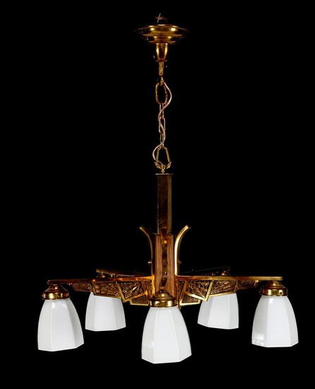 (-), Brass 5-light ornate Art Deco hanging lamp...