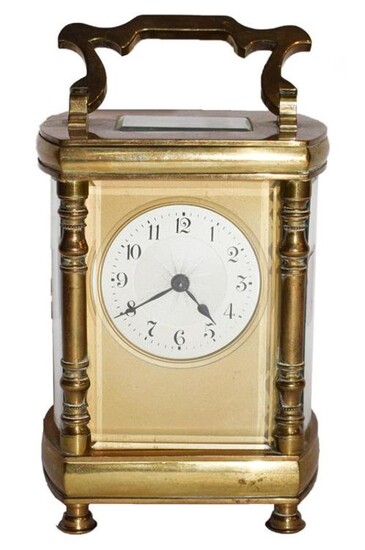 Brass cased bow sided carriage timepiece, circa 1900, movement stamped...