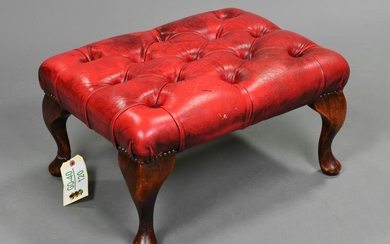 British Red Leather Button Tufted Chesterfield Stool