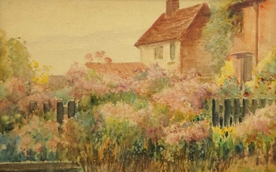 British School, early/mid 20th century- Cottage gardens; watercolour heightened with scratching out, indistinctly signed (lower right), 21.7 x 32.5 cm.