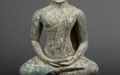 Buste de Bouddha assis en méditation en bronze, avec traces de dorure et marques du...