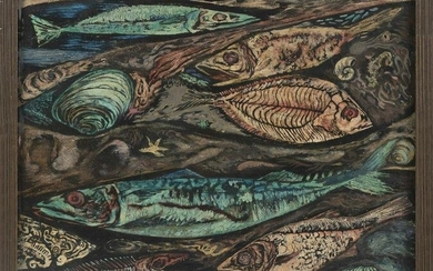 C. JONES (America, 20th Century), Study of fish., Oil