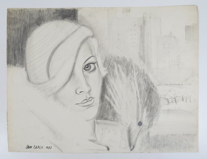 CARLU (Anne). 1 grand portrait de femme au crayon signé et daté 1933 (dim. 38...