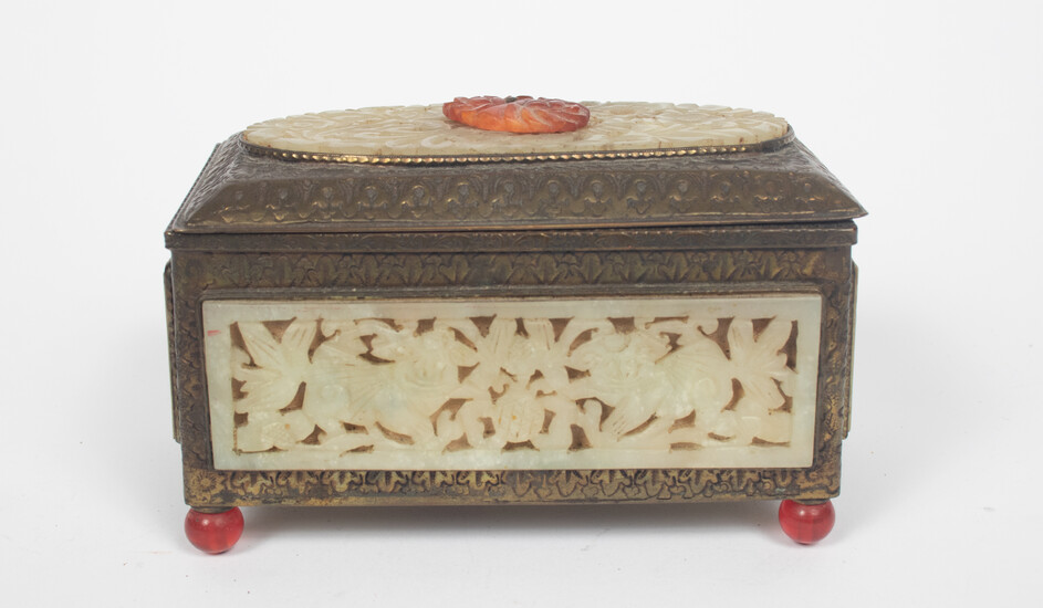 CHINESE BRASS BOX WITH CARNELIAN & AMBER, C. 1900, L 5 1/2"