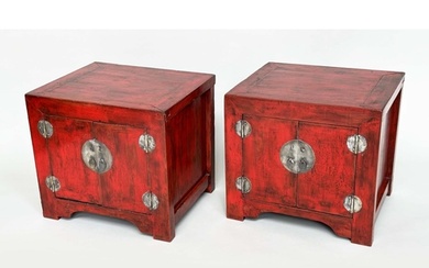 CHINESE CABINETS, a pair, cube form Chinese scarlet lacquere...