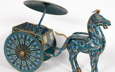 CHINESE CLOISONNE ENAMEL HORSE DRAWN CARRIAGE CART