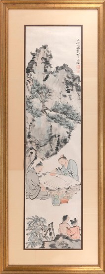 CHINESE PAINTING ON PAPER By Su Lou Pin. Depicting two scholars playing go, with pine trees and distant mountains. Signed and seal m...