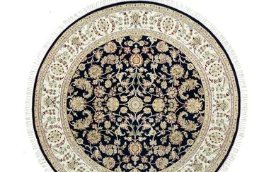 Cetacean Blue Nain Flower Pattern Hand Knotted Pure Wool Round Rug