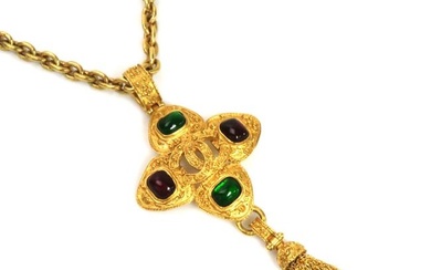 Chanel necklace long coco mark grippore vintage gold x green bordeaux glass stone metal material