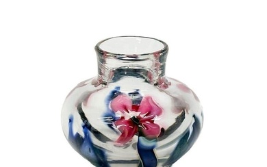 Charles Lotton Multi Flora Miniature Art Glass Vase Pink Flowers Signed