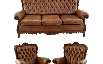 Chesterfield style Sofa set with armchairs - Capitone - in walnut and leather