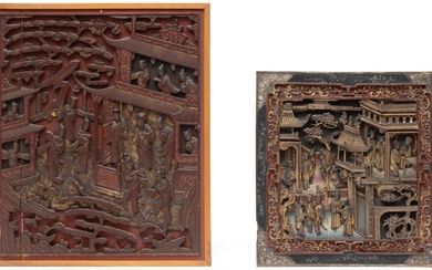 China, two carved wooden panels, 19th century