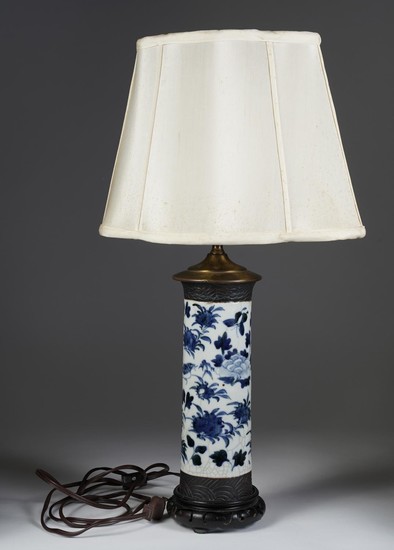 Chinese Blue and White Porcelain Cylinder Vase Mounted as a Lamp, 20th Century FR3SHLM