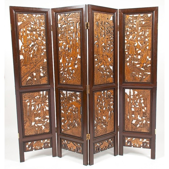 Chinese Carved Reticulated Four Panel Screen