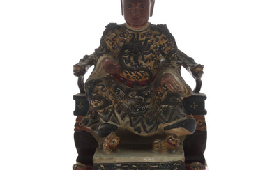 Chinese Carved Wood Seated Emperor Temple Figure.