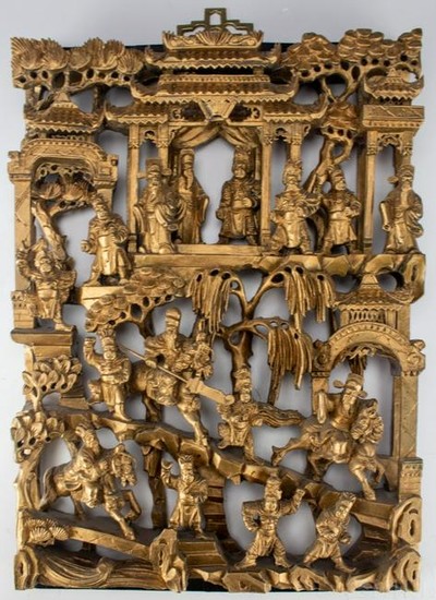 Chinese Gilt Carved Wood Deep Relief Scenic Panel