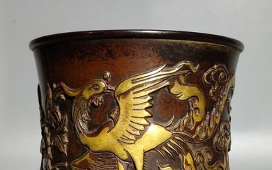 Chinese Gilt Gold Red Copper Phoenix Brush Pot