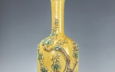 Chinese Vase Molded Plum Blossom Scholar Objects on Yellow Ground