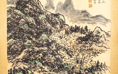 Chinese scroll featuring mountain village scene (approx. L:210cm-W:81cm)