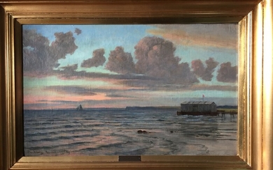 Christian Blache: Sunset at sea. Karrebæksminde, Denmark. Signed Chr. Blache 1889. Oil on canvas 39×63 cm.