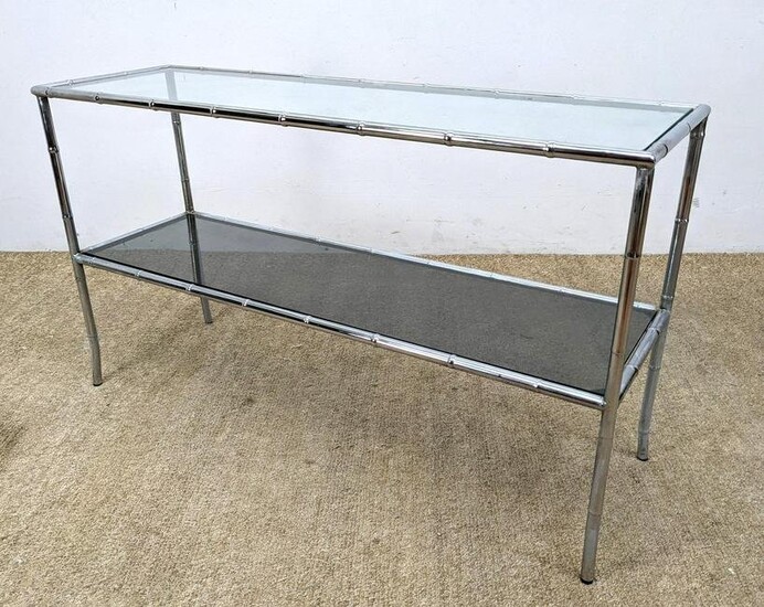 Chrome tube frame hall console table. Clear and smoked