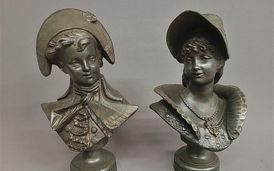 Circa 1900 Cast Busts of 18th or 19th century male & female figures -signed on the back .. Mass ?