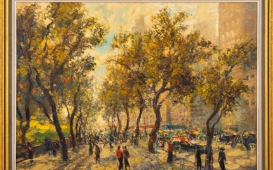 City Park Scene Oil on Canvas, 20th C.